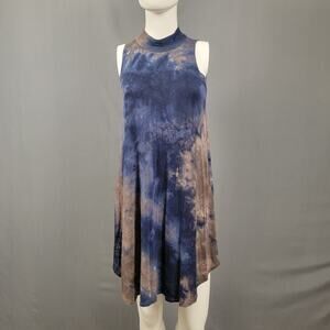 Ginger G Tie Dye Swing Dress Blue Taupe Mock Neck Sleeveless Boho Trapeze